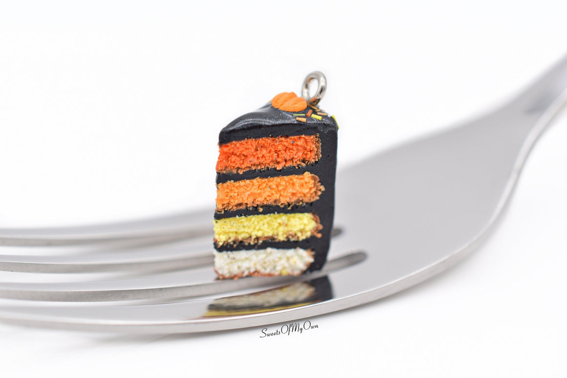 Black Halloween Pumpkin Drip Cake Slice - Necklace/Charm/Keychain