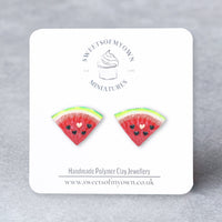 Thumbnail for Watermelon slice earrings on a Sweetsofmyown card with a gray background.