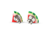Thumbnail for The back of a pair of watermelon slice stud earrings with heart seeds, made of polymer clay, displayed against a white background.