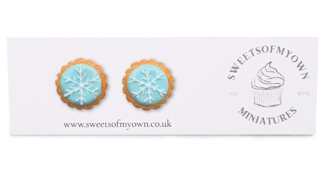 Round Blue Christmas Biscuits Stud Earrings on Backing Card