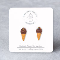 Thumbnail for Chocolate single scoop ice cream cone stud earrings on a branded card with 'Sweets of My Own' logo.