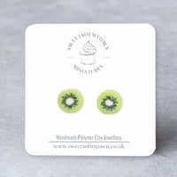 Thumbnail for Realistic Polymer Clay Kiwi Slices Stud Earrings on a sweetsofmyown backing card.