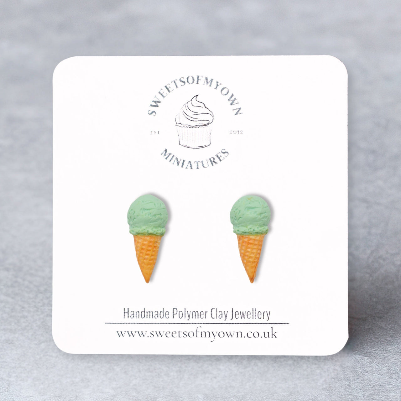 Mint Green single scoop Ice cream cone earrings on a branded card with 'Sweets of My Own' logo. 