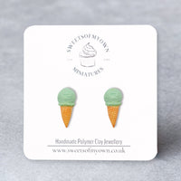 Thumbnail for Mint Green single scoop Ice cream cone earrings on a branded card with 'Sweets of My Own' logo. 