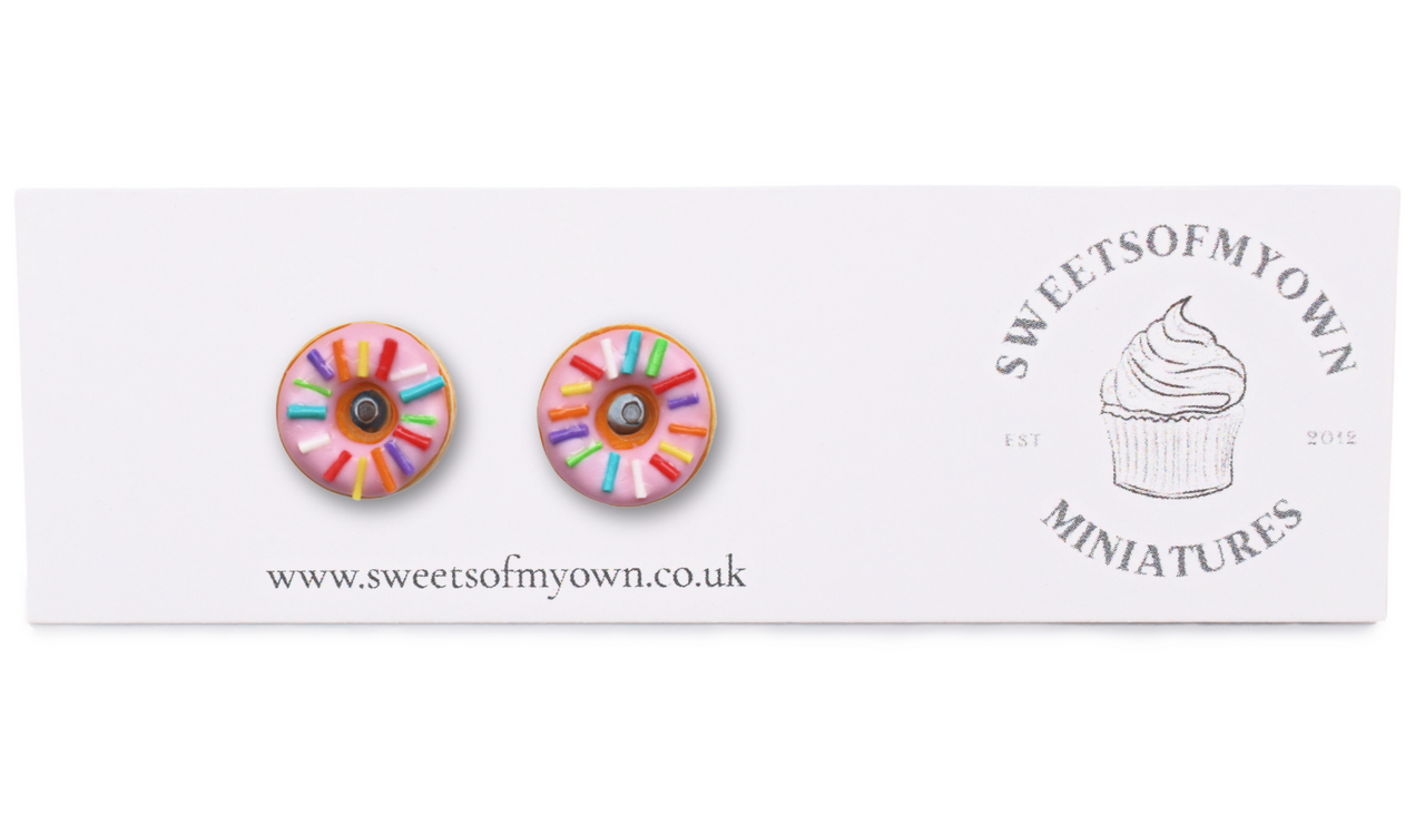 Pink Doughnuts Stud Earrings on a Backing Card Sweetsofmyown