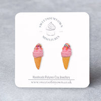 Thumbnail for Pink swirl ice cream cone stud earrings topped with sprinkles on a sweetsofmyown backing card.