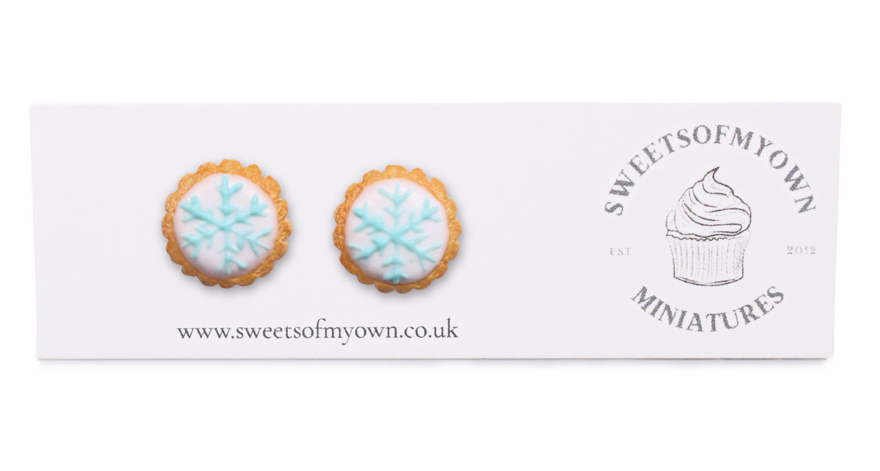 Round White Christmas Biscuits Stud Earrings on Backing Card