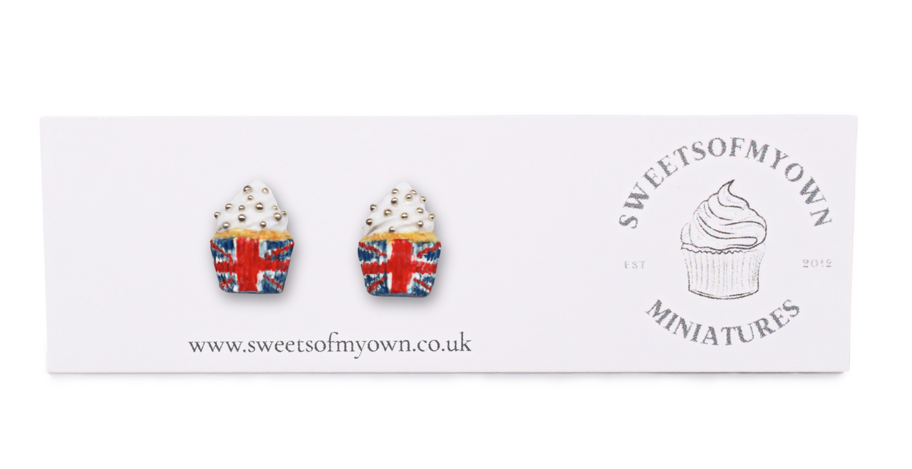 Union Jack Cupcakes Stud Earrings on Backing Card