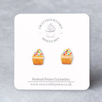 Thumbnail for Vanilla Cupcakes with White Frosting and rainbow confetti sprinkles as stud earrings on a sweetsofmyown backing card. 