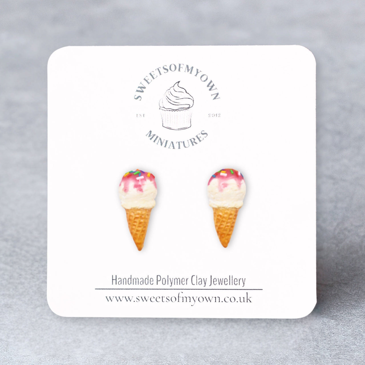 Vanilla single scoop ice cream cone stud earrings topped with sprinkles on a sweetsofmyown backing card.