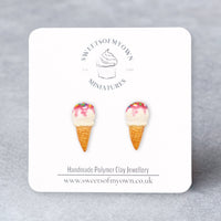 Thumbnail for Vanilla single scoop ice cream cone stud earrings topped with sprinkles on a sweetsofmyown backing card.