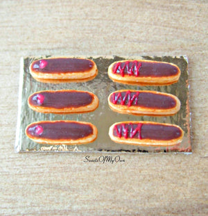 Miniature Set of Chocolate Iced Eclairs with Red Decoration 1:12 Scale - SweetsOfMyOwn