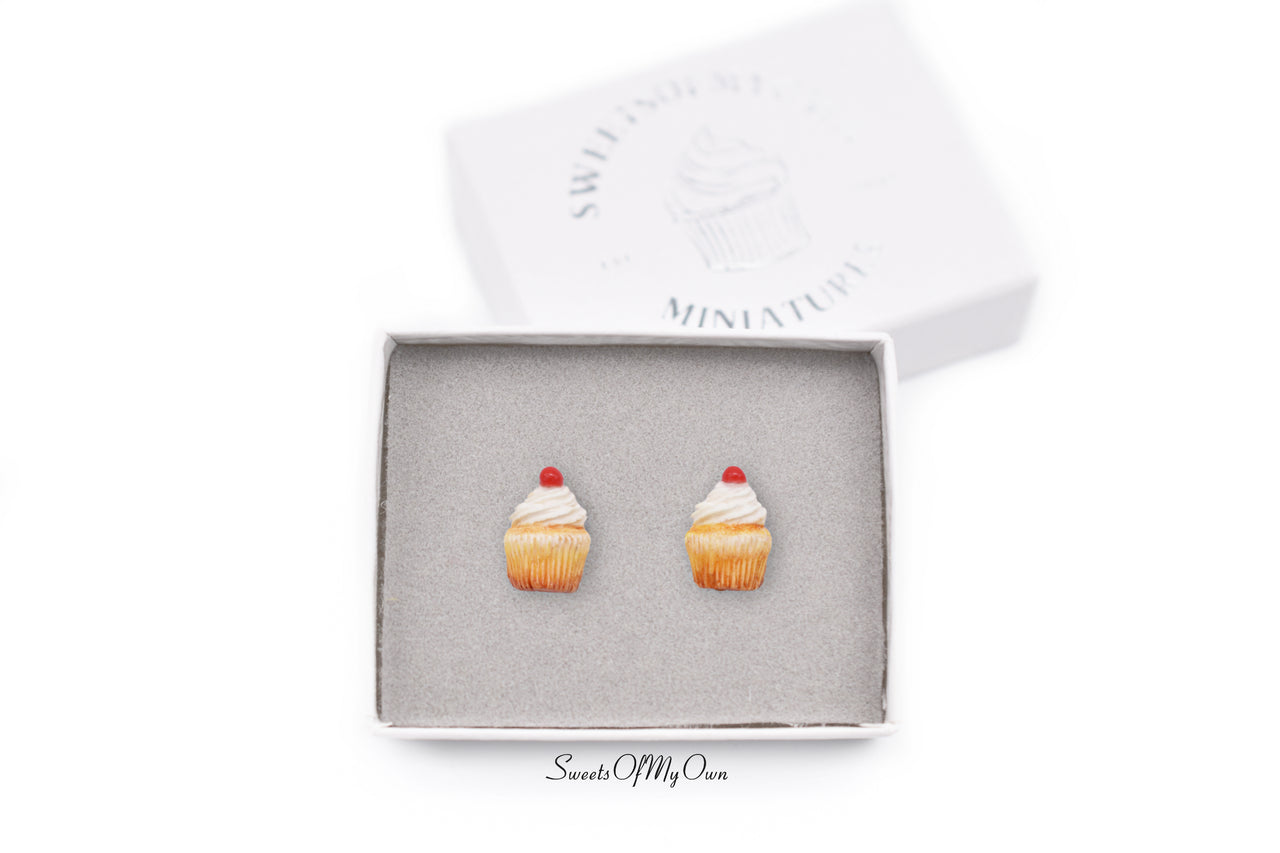 White Cupcakes with a Cherry - Stud Earrings