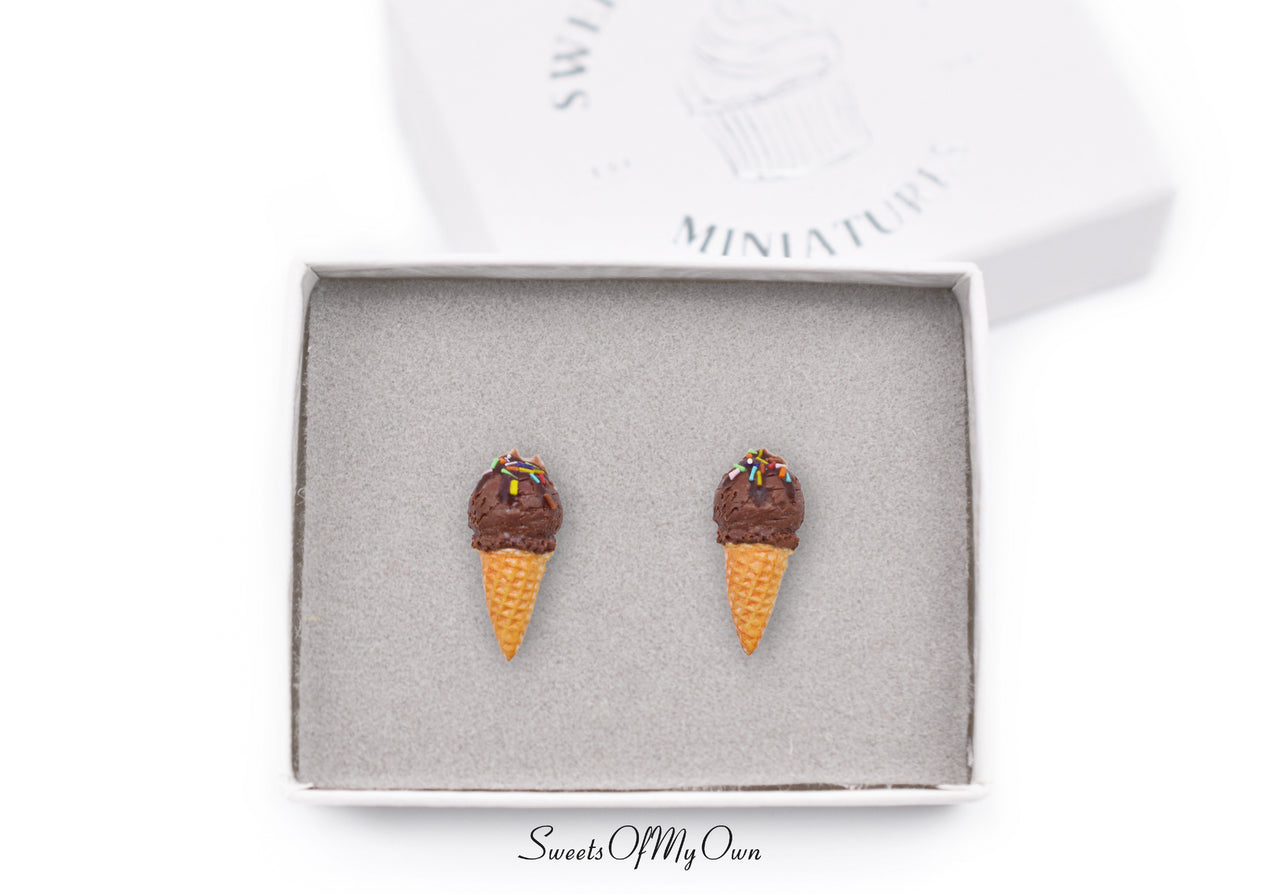 Chocolate Scoop Ice Cream Cones - Stud Earrings