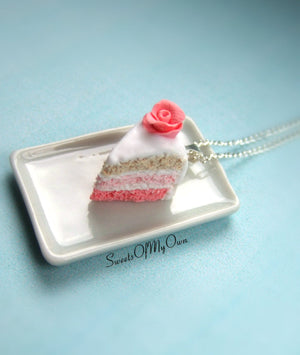 Pink Rose Cake Slice - Charm/Necklace - MTO