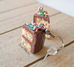 Chocolate Funfetti Cake Slice - Dangle Earrings - MTO