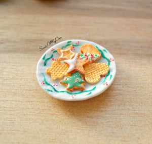 Plate of Miniature Christmas Biscuits - Shortbread + Wafer Star, Tree, Heart 1:12 Scale - SweetsOfMyOwn