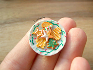 Plate of Miniature Christmas Biscuits - Shortbread + Wafer Star, Tree, Heart 1:12 Scale - SweetsOfMyOwn