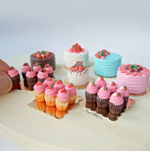 Miniature Chocolate Pink Strawberry Cupcakes 1:12 Scale - Set of 6 - SweetsOfMyOwn
