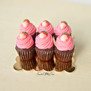 Miniature Chocolate Pink Strawberry Cupcakes 1:12 Scale - Set of 6 - SweetsOfMyOwn