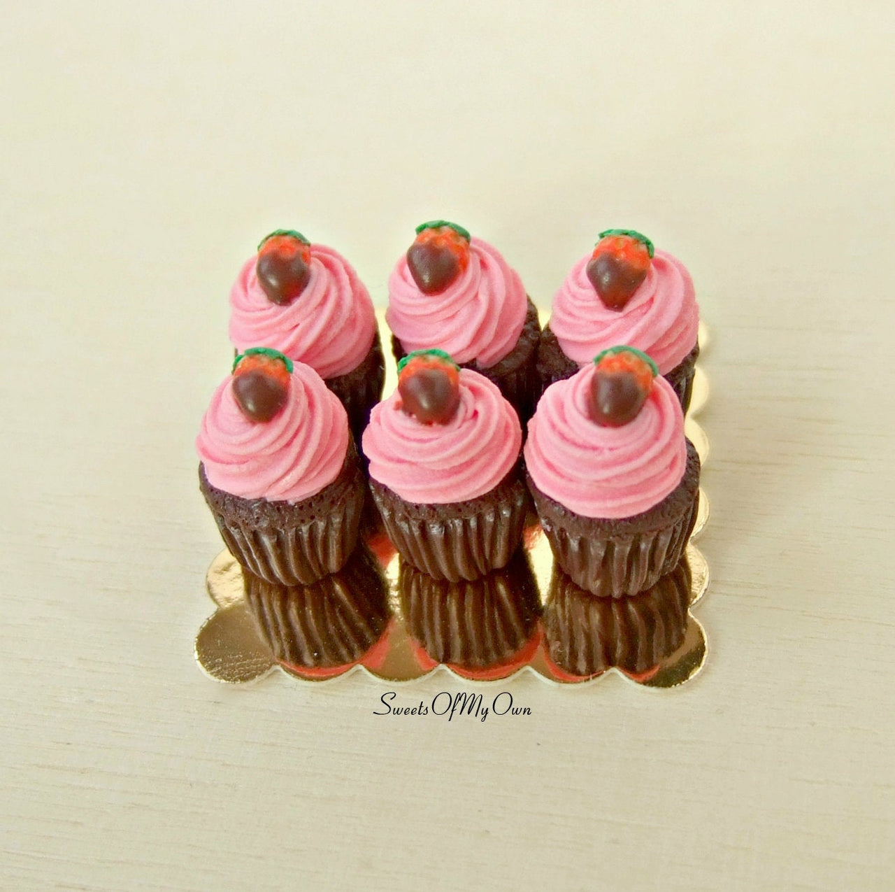 Miniature Chocolate Pink Strawberry Cupcakes 1:12 Scale - Set of 6 - SweetsOfMyOwn
