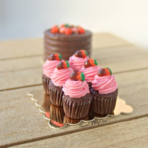 Miniature Chocolate Pink Strawberry Cupcakes 1:12 Scale - Set of 6 - SweetsOfMyOwn
