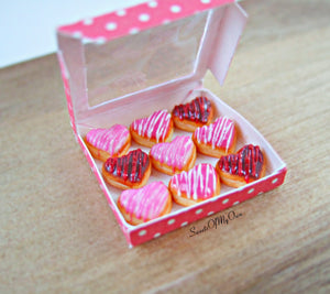Miniature Box of Heart Doughnuts with Icing Drizzle - Doll House 1:12 Scale - SweetsOfMyOwn
