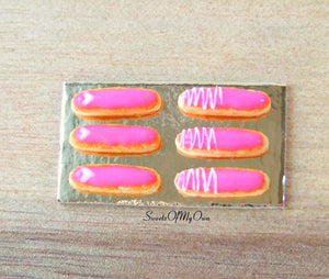 Miniature Set of Pink Iced Eclairs with White Decoration - Doll House 1:12 Scale - SweetsOfMyOwn