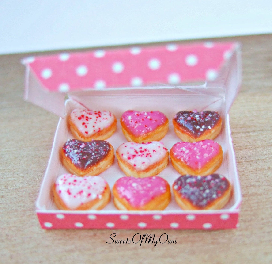 Miniature Box of Heart Doughnuts Crushed Sprinkles - Doll House 1:12 Scale - SweetsOfMyOwn