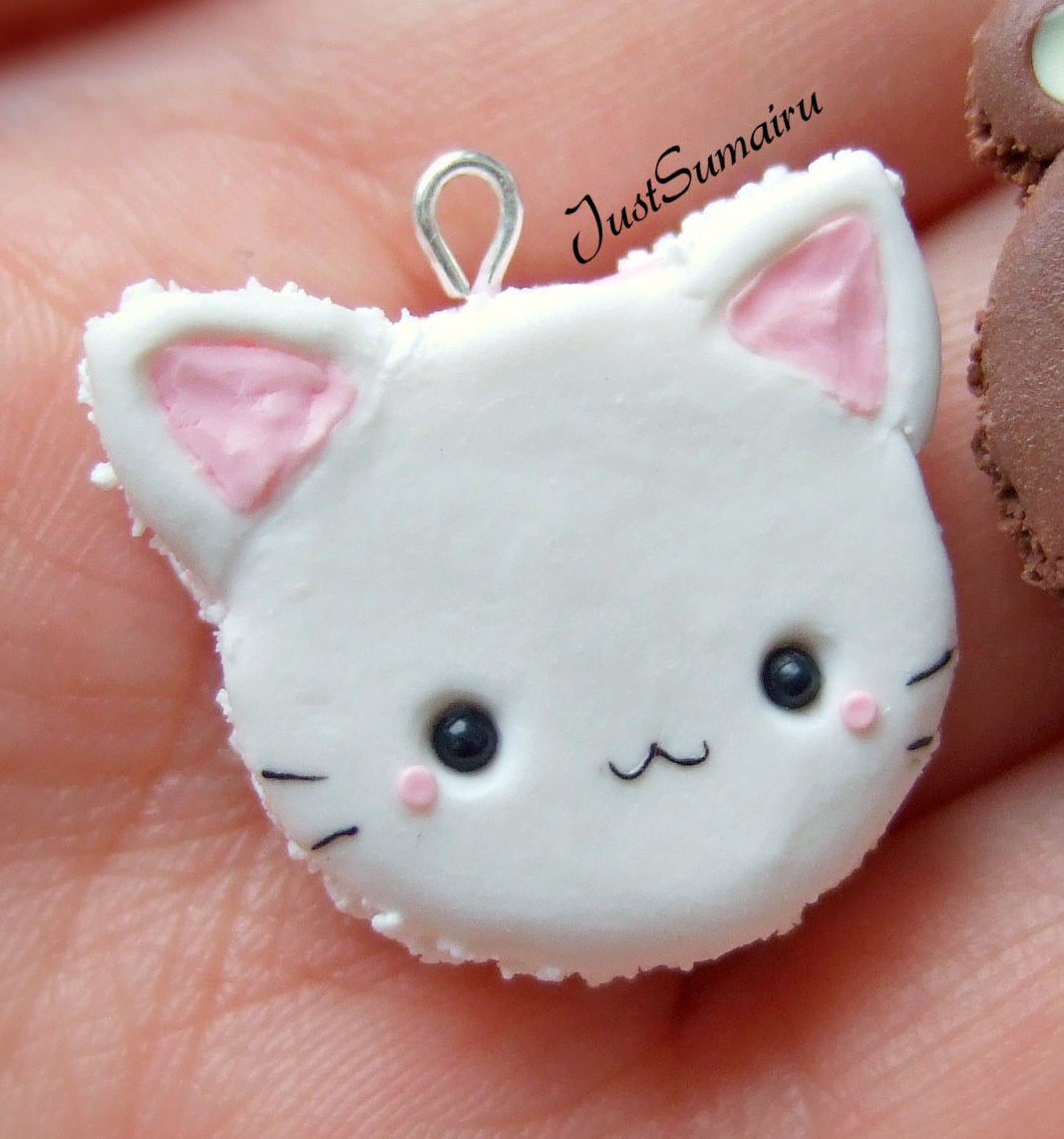 White Kitty Cat Kawaii Macaron Charm - SweetsOfMyOwn