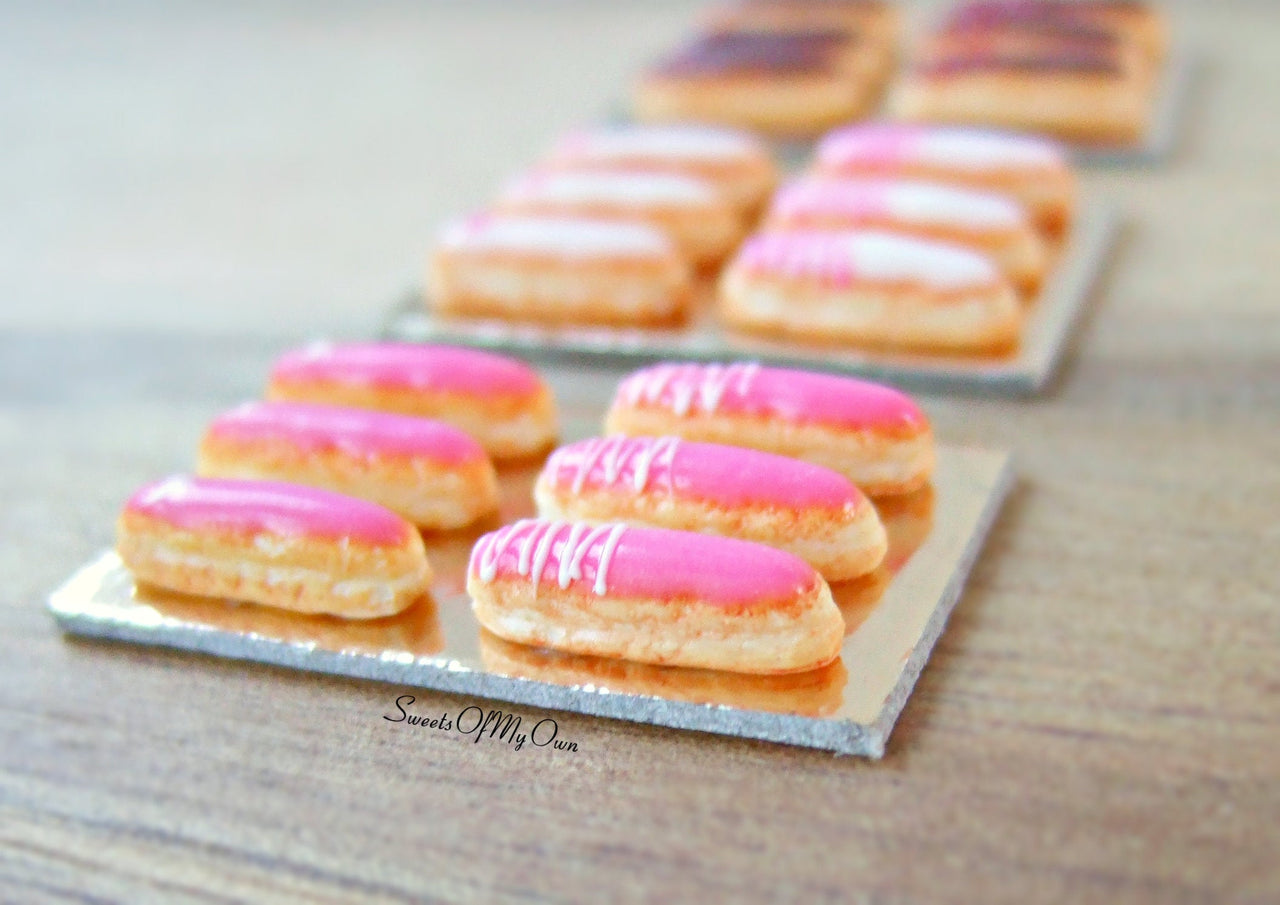 Miniature Set of White Iced Eclairs with Pink Decoration - Doll House 1:12 Scale - SweetsOfMyOwn