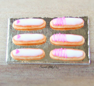 Miniature Set of White Iced Eclairs with Pink Decoration - Doll House 1:12 Scale - SweetsOfMyOwn