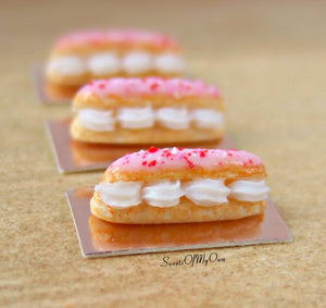 Miniature Cream Filled Pink Iced Eclairs - Doll House 1:12 Scale - SweetsOfMyOwn