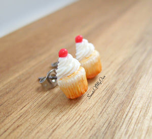 White Cupcakes with a Cherry - Stud Earrings