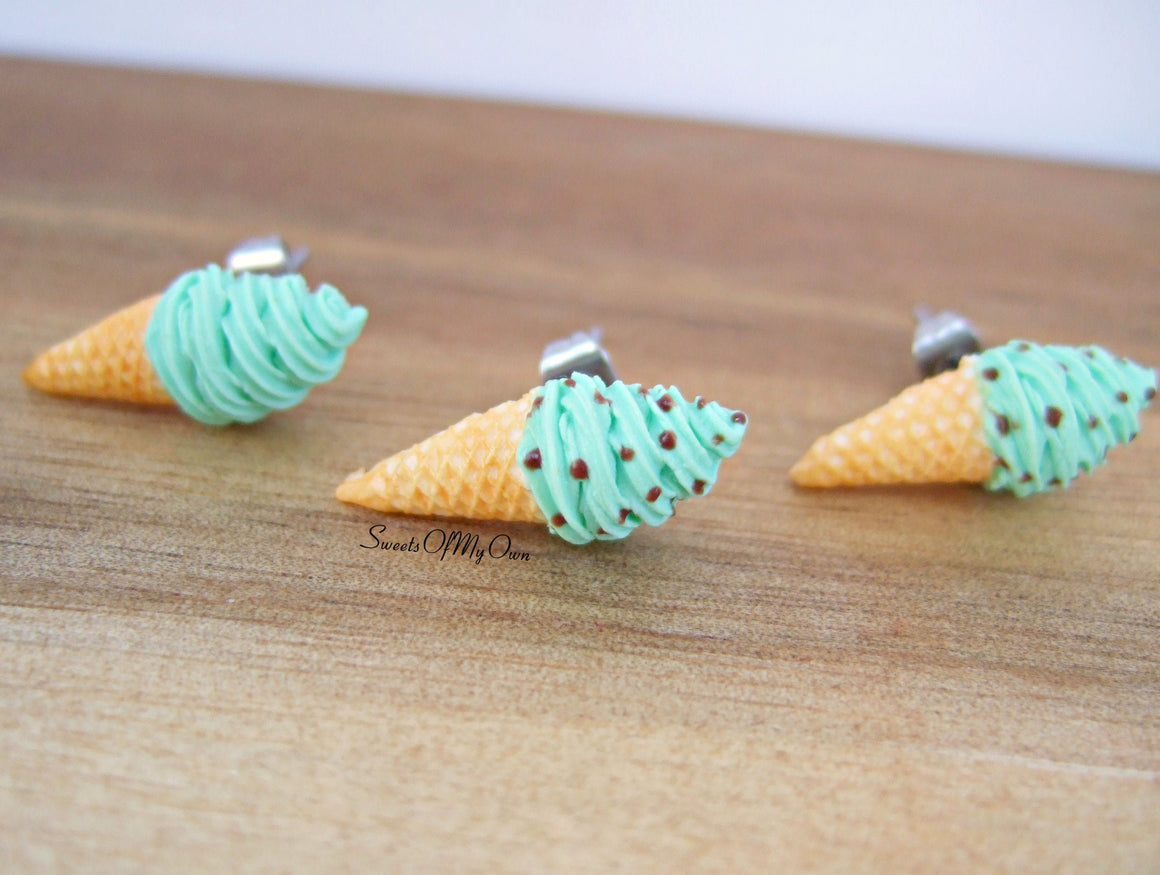 Mint Swirley Ice Cream Cones - Stud Earrings