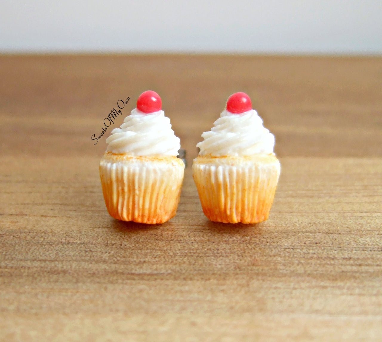 White Cupcakes with a Cherry - Stud Earrings