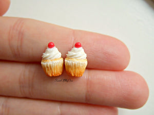 White Cupcakes with a Cherry - Stud Earrings