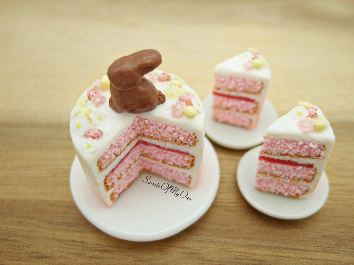 Miniature Pink Cake with Chocolate Bunny and Flowers - Easter Theme - Miniature 1:12 Scale