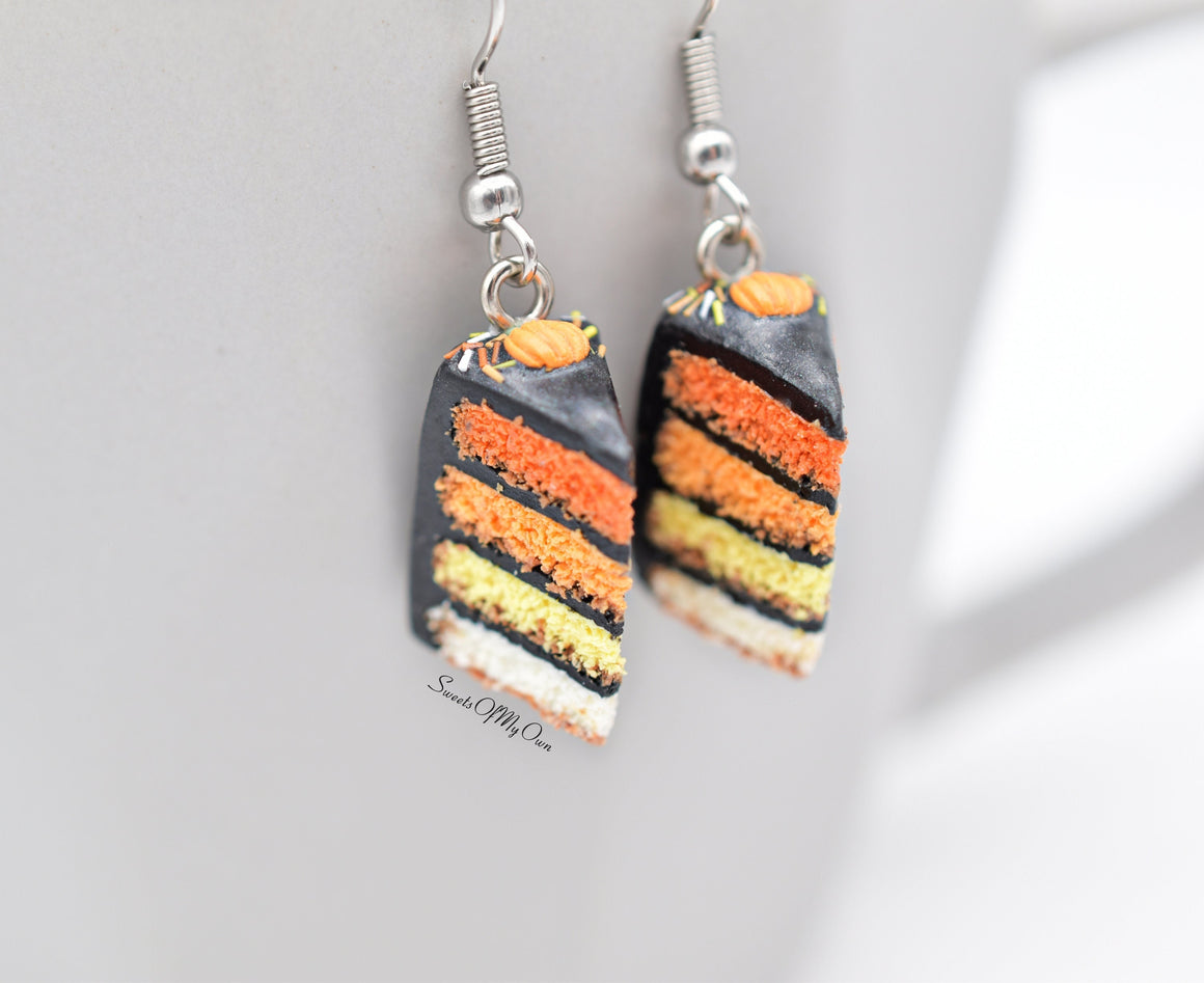 Black Halloween Pumpkin Drip Cake Slices - Dangle Earrings