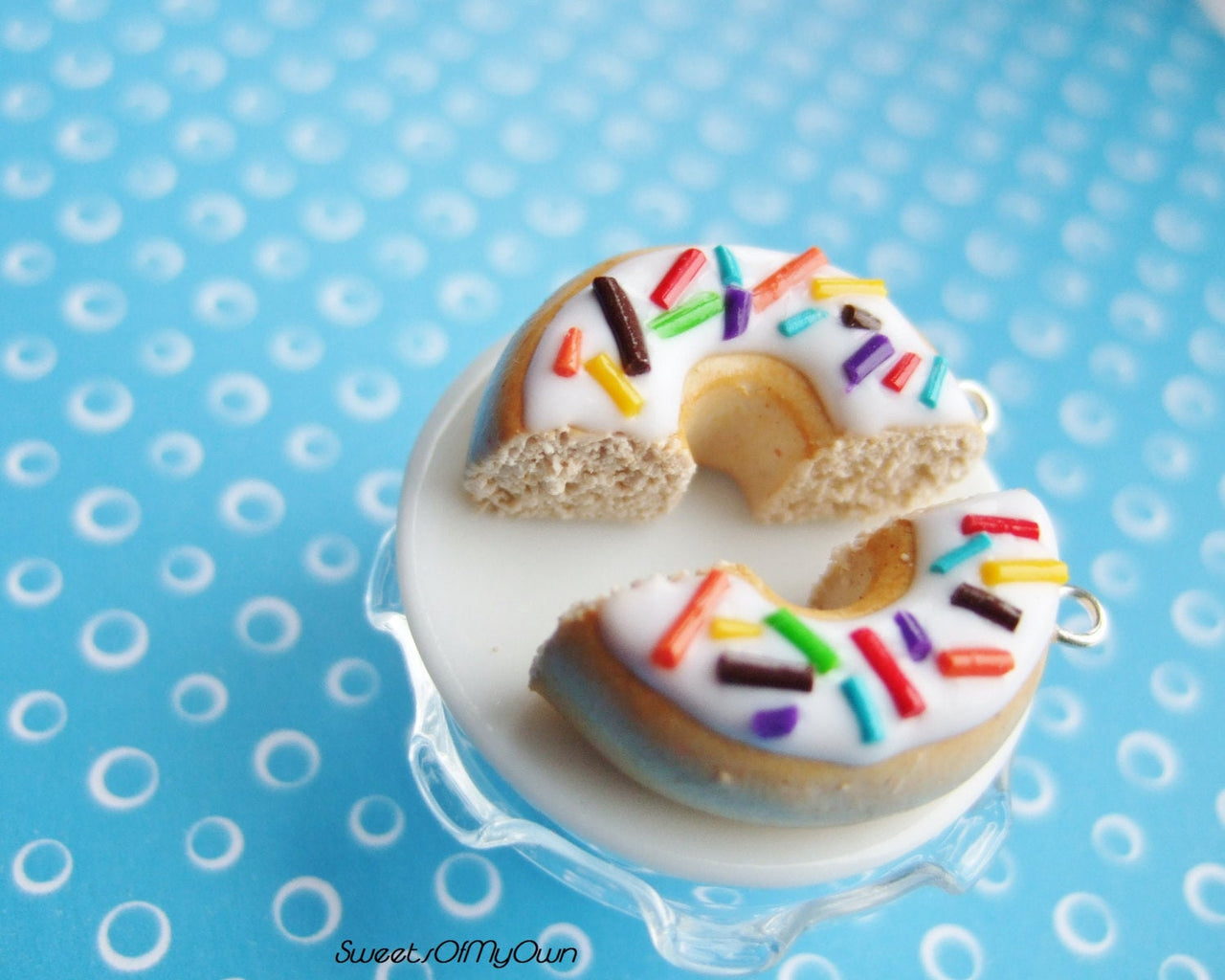 White Donut Halves with Rainbow Sprinkles BFF Set - Necklace/Charm/Keychain - MTO