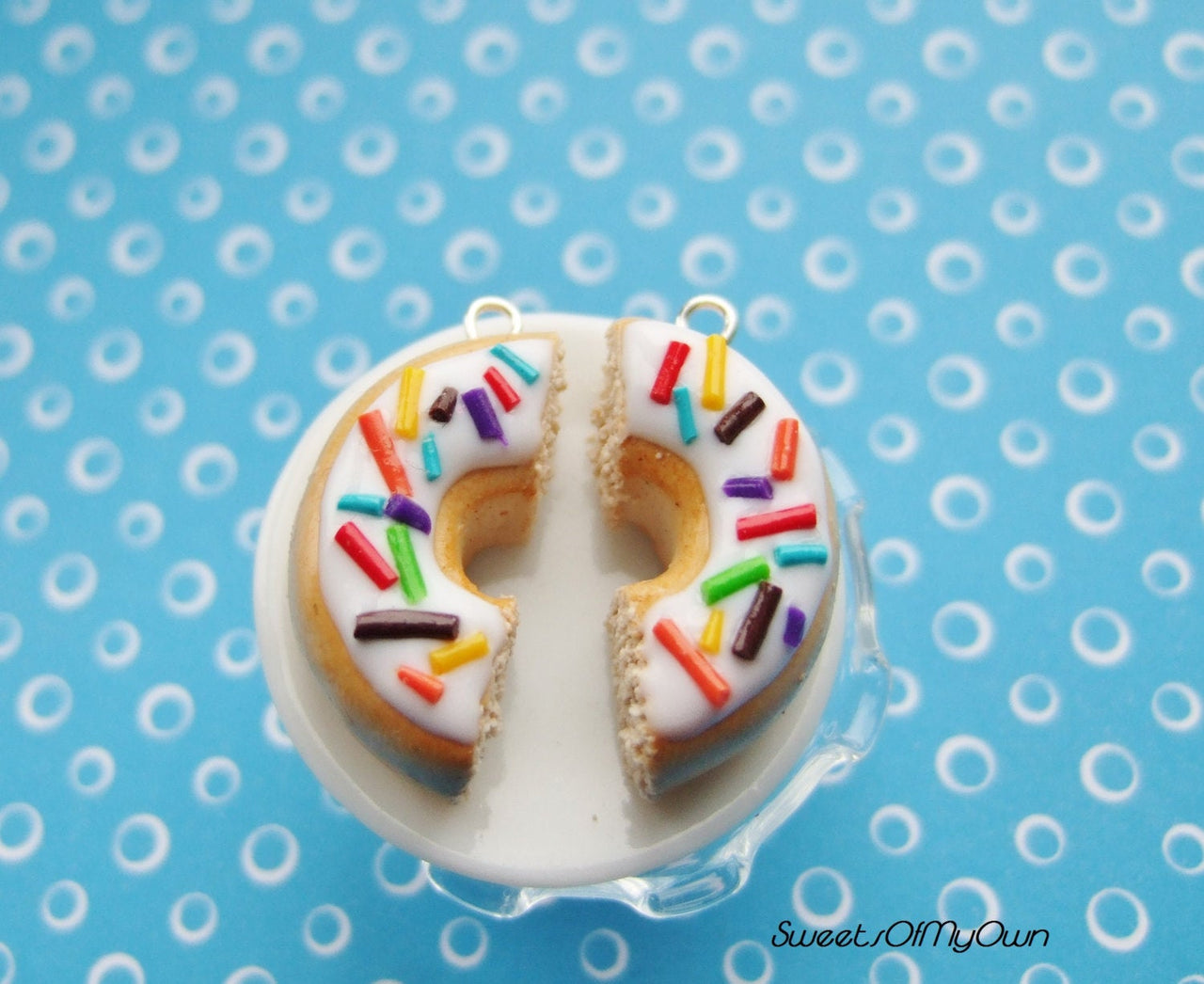 White Donut Halves with Rainbow Sprinkles BFF Set - Necklace/Charm/Keychain - MTO