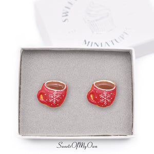 Christmas Red Themed Hot Drink Biscuit - Stud Earrings